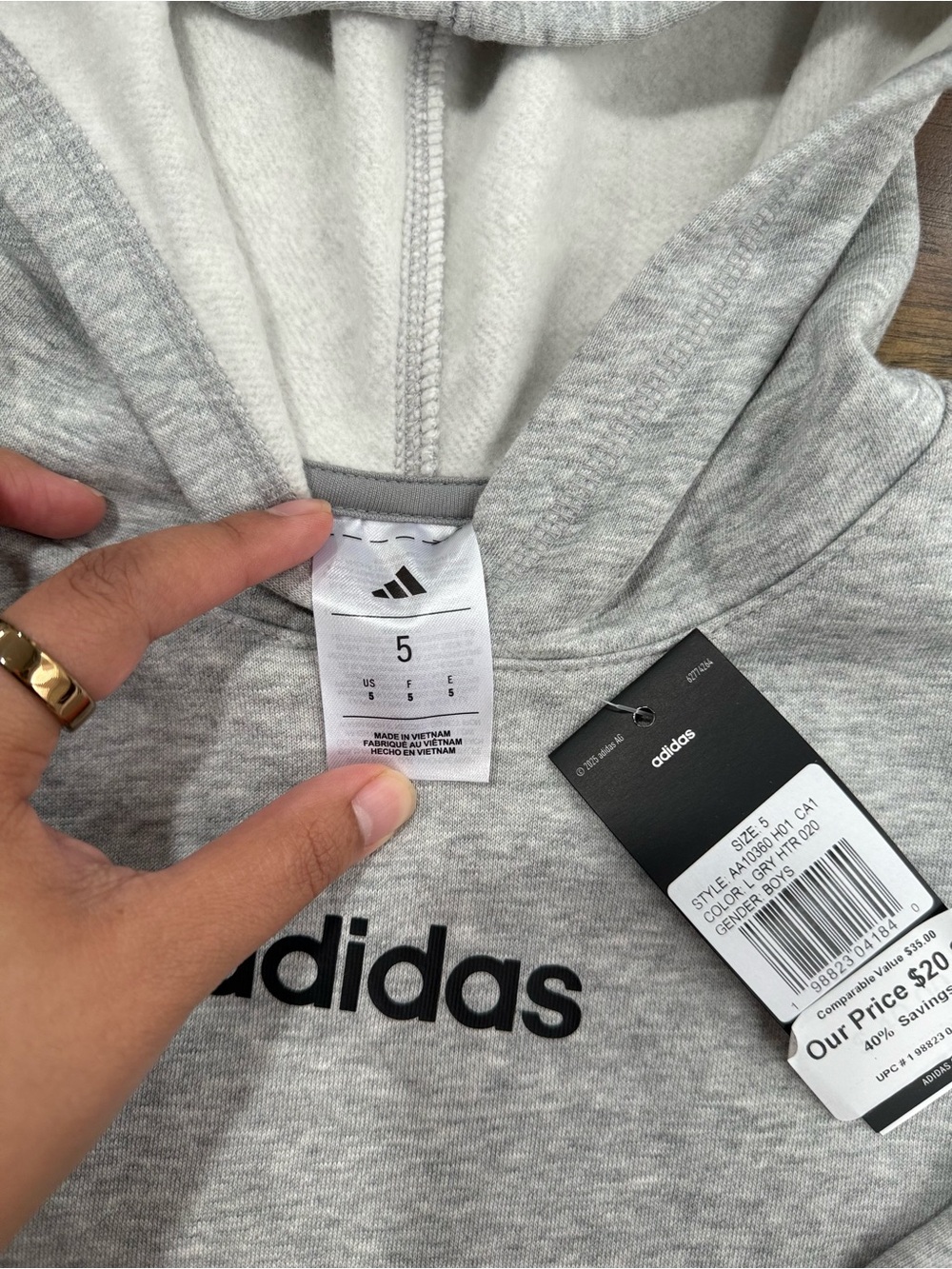 Adidas Boys Fleece Hoodie Light Grey Heather Logo Pullover Sweatshirt Size 5 - Picture 2 of 2
